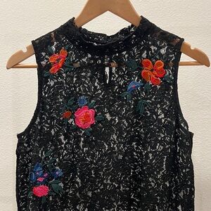 LOFT Black Lace Top with Colorful Floral Embroidery